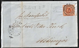 FRIMÆRKER DANMARK | 1854-57 - AFA 4 - 4 Skilling brun på brev - Stemplet 